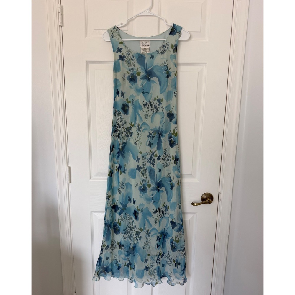 Vintage 90s Y2K Blue Floral Mesh Chiffon Maxi Dress Grunge Fairy Cottagecore 8